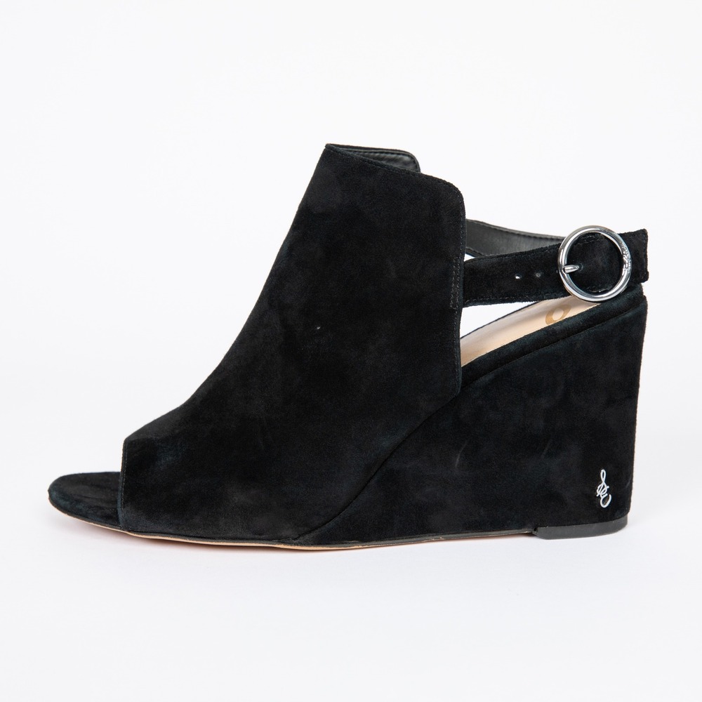 Sam Edelman Wedge Booties Peep‎ Toe Suede Ankle Strap Black Size 8.5 Womens